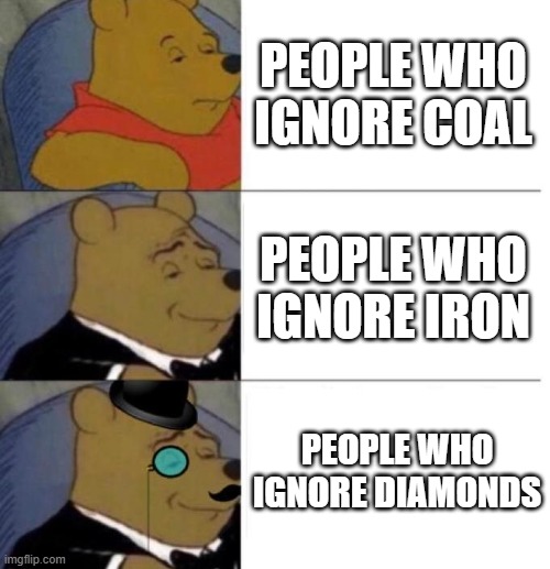 Minecraft tiers | PEOPLE WHO IGNORE COAL; PEOPLE WHO IGNORE IRON; PEOPLE WHO IGNORE DIAMONDS | image tagged in tuxedo winnie the pooh 3 panel | made w/ Imgflip meme maker