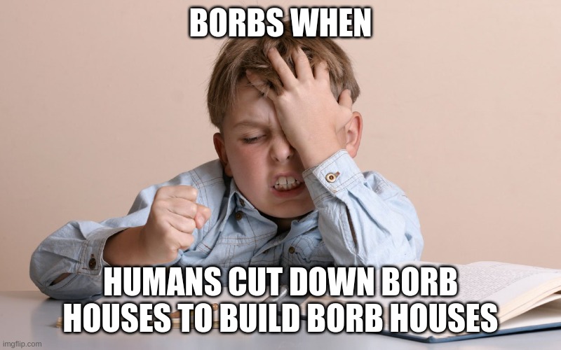 Kid Face Slap | BORBS WHEN; HUMANS CUT DOWN BORB HOUSES TO BUILD BORB HOUSES | image tagged in kid face slap | made w/ Imgflip meme maker
