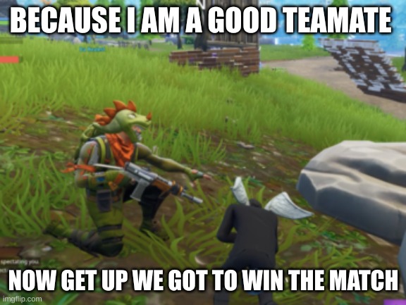 Revive | BECAUSE I AM A GOOD TEAMATE NOW GET UP WE GOT TO WIN THE MATCH | image tagged in revive | made w/ Imgflip meme maker