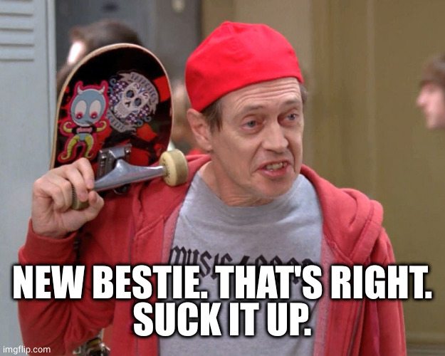Steve Buscemi Fellow Kids | NEW BESTIE. THAT'S RIGHT.
SUCK IT UP. | image tagged in steve buscemi fellow kids | made w/ Imgflip meme maker
