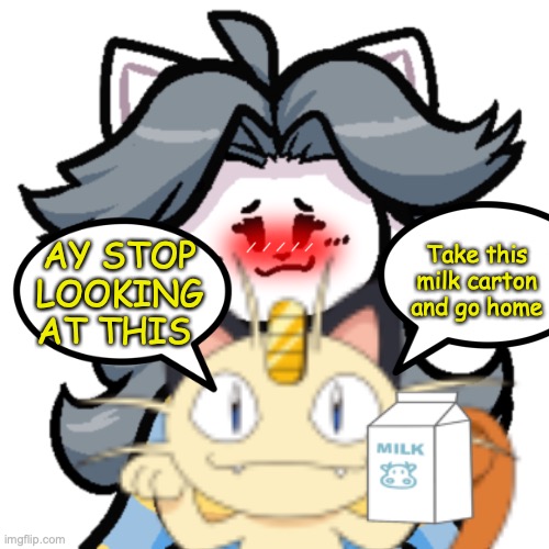 ok im sorry meowth | Take this milk carton and go home; AY STOP LOOKING AT THIS | image tagged in milk,simp,waifu,pokemon,stop watching this | made w/ Imgflip meme maker