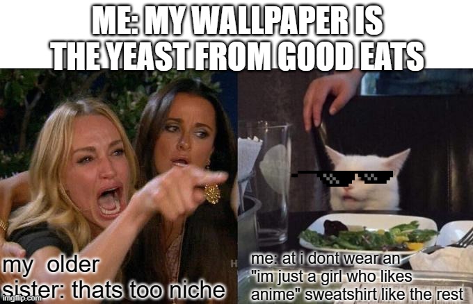 no offense to anime watchers | ME: MY WALLPAPER IS THE YEAST FROM GOOD EATS; my  older sister: thats too niche; me: at i dont wear an "im just a girl who likes anime" sweatshirt like the rest | image tagged in memes,woman yelling at cat | made w/ Imgflip meme maker