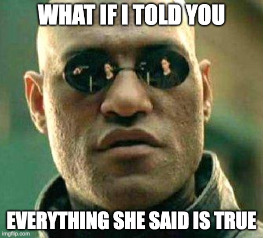 WHAT IF I TOLD YOU EVERYTHING SHE SAID IS TRUE | WHAT IF I TOLD YOU; EVERYTHING SHE SAID IS TRUE | image tagged in what if i told you | made w/ Imgflip meme maker