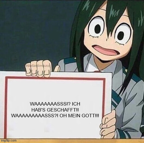 I don't know, honestly! | WAAAAAAASSS!? ICH HAB'S GESCHAFFT!! WAAAAAAAAASSS?! OH MEIN GOTT!!! | image tagged in froppy sign,idk,tsuyu asui,germans,reaction,memes | made w/ Imgflip meme maker