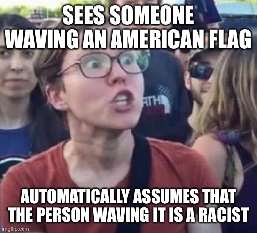 Angry Liberal | SEES SOMEONE WAVING AN AMERICAN FLAG; AUTOMATICALLY ASSUMES THAT THE PERSON WAVING IT IS A RACIST | image tagged in angry liberal | made w/ Imgflip meme maker