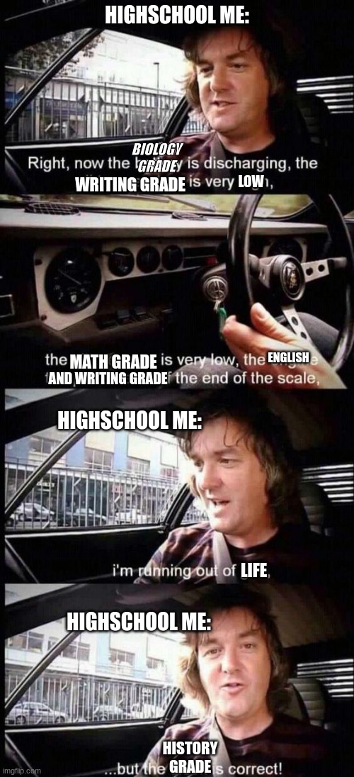 There never righ | HIGHSCHOOL ME:; BIOLOGY GRADE; LOW; WRITING GRADE; ENGLISH; MATH GRADE; AND WRITING GRADE; HIGHSCHOOL ME:; LIFE; HIGHSCHOOL ME:; HISTORY GRADE | image tagged in funny,top gear,memes | made w/ Imgflip meme maker