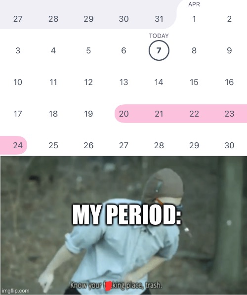 Life is p a i n | MY PERIOD: | image tagged in know your place trash | made w/ Imgflip meme maker