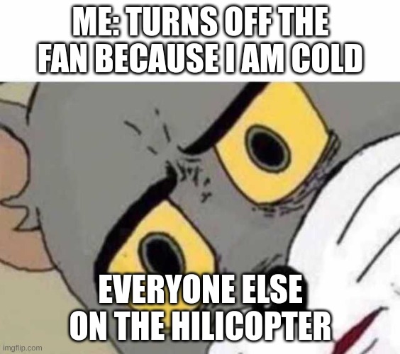 Tom Cat Unsettled Close up | ME: TURNS OFF THE FAN BECAUSE I AM COLD; EVERYONE ELSE ON THE HILICOPTER | image tagged in tom cat unsettled close up | made w/ Imgflip meme maker