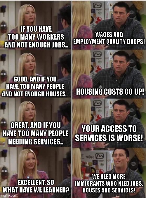 Liberalism | IF YOU HAVE TOO MANY WORKERS AND NOT ENOUGH JOBS.. WAGES AND EMPLOYMENT QUALITY DROPS! GOOD. AND IF YOU HAVE TOO MANY PEOPLE AND NOT ENOUGH HOUSES.. HOUSING COSTS GO UP! YOUR ACCESS TO SERVICES IS WORSE! GREAT. AND IF YOU HAVE TOO MANY PEOPLE NEEDING SERVICES.. WE NEED MORE IMMIGRANTS WHO NEED JOBS, HOUSES AND SERVICES! EXCELLENT. SO WHAT HAVE WE LEARNED? | image tagged in phoebe joey | made w/ Imgflip meme maker