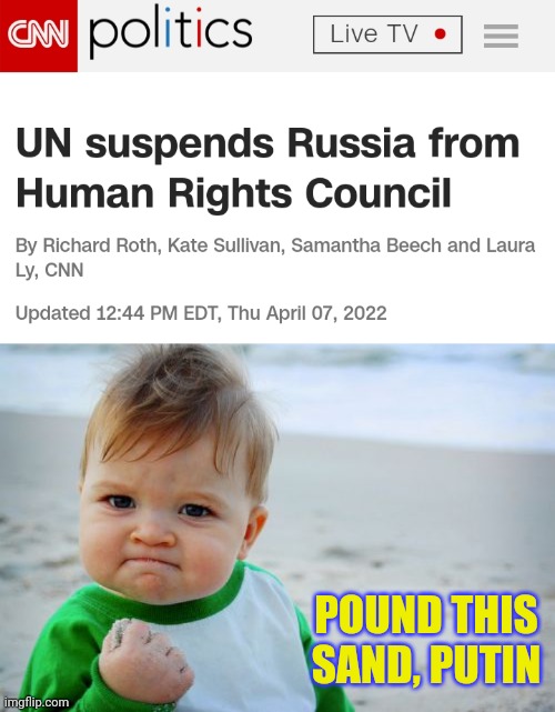 POUND THIS SAND, PUTIN | image tagged in success kid original,sand poundin' putin,united nations | made w/ Imgflip meme maker