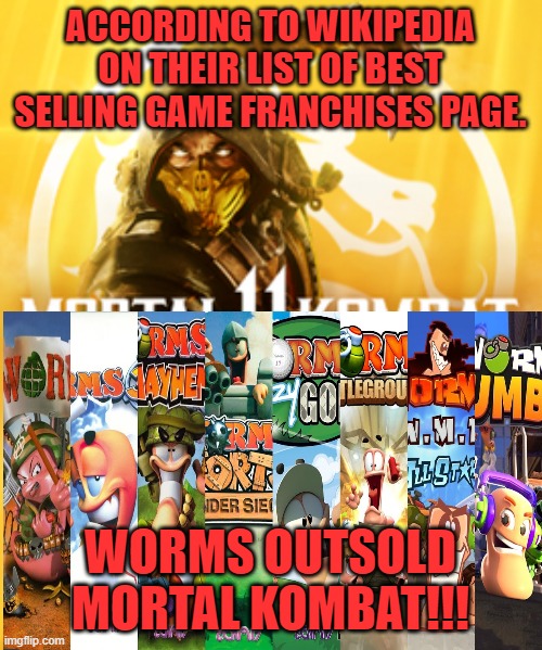 ACCORDING TO WIKIPEDIA ON THEIR LIST OF BEST SELLING GAME FRANCHISES PAGE. WORMS OUTSOLD MORTAL KOMBAT!!! | image tagged in mortal kombat,worms,wikipedia,outsold | made w/ Imgflip meme maker