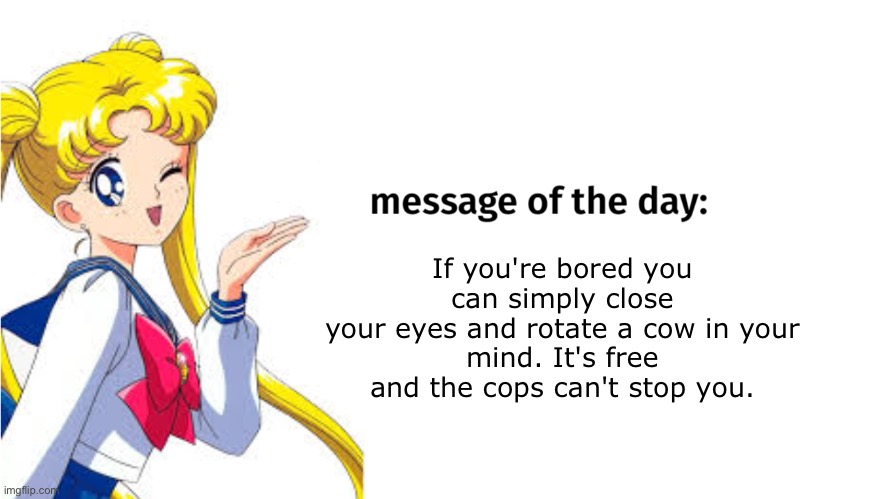 Usagi’s message of the day | If you're bored you can simply close
your eyes and rotate a cow in your
mind. It's free and the cops can't stop you. | image tagged in sailor moon,message,memes,bored | made w/ Imgflip meme maker