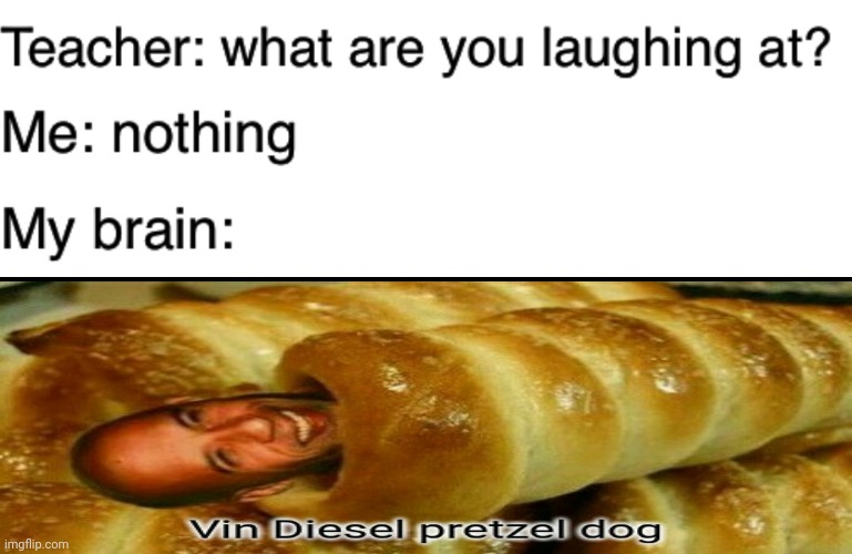 Vin Diesel pretzel dog | image tagged in teacher what are you laughing at,funny,memes,blank white template,vin diesel,vin diesel pretzel dog | made w/ Imgflip meme maker
