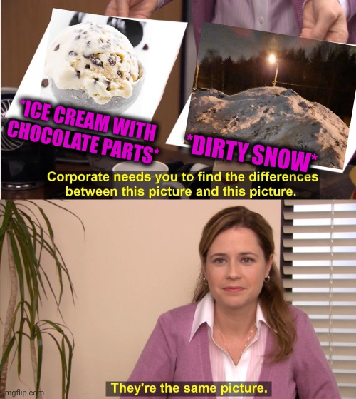 -Tasty flavour. | *ICE CREAM WITH CHOCOLATE PARTS*; *DIRTY SNOW* | image tagged in memes,they're the same picture,snow white,ice cream,hot chocolate,winter is here | made w/ Imgflip meme maker