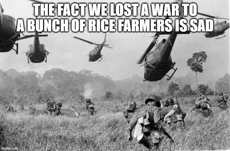 Veitnam war | THE FACT WE LOST A WAR TO A BUNCH OF RICE FARMERS IS SAD | image tagged in veitnam war | made w/ Imgflip meme maker