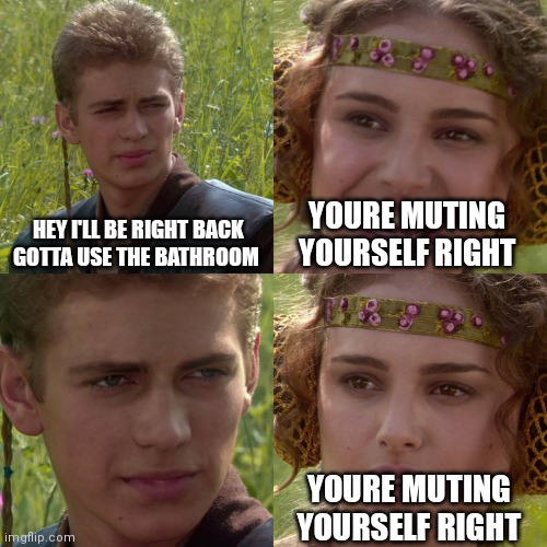 Those people | HEY I'LL BE RIGHT BACK GOTTA USE THE BATHROOM; YOURE MUTING YOURSELF RIGHT; YOURE MUTING YOURSELF RIGHT | image tagged in anakin padme 4 panel | made w/ Imgflip meme maker