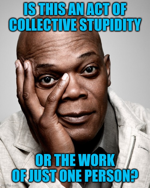 Me, dealing with things at work |  IS THIS AN ACT OF COLLECTIVE STUPIDITY; OR THE WORK OF JUST ONE PERSON? | image tagged in samuel l jackson,of all the stupid shit | made w/ Imgflip meme maker