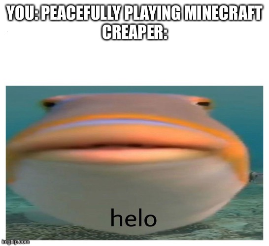 Old meme I made when I didn’t know how to submit memes 4 | YOU: PEACEFULLY PLAYING MINECRAFT
CREAPER: | image tagged in helo fish,old meme | made w/ Imgflip meme maker