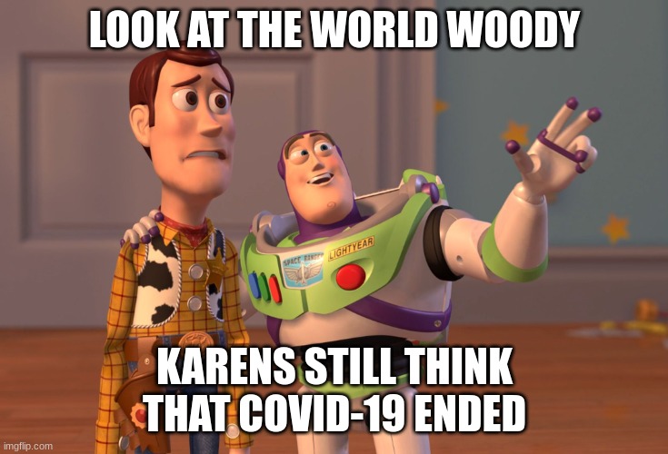 X, X Everywhere Meme | LOOK AT THE WORLD WOODY; KARENS STILL THINK THAT COVID-19 ENDED | image tagged in memes,x x everywhere,toy story,buzz and woody,karens | made w/ Imgflip meme maker