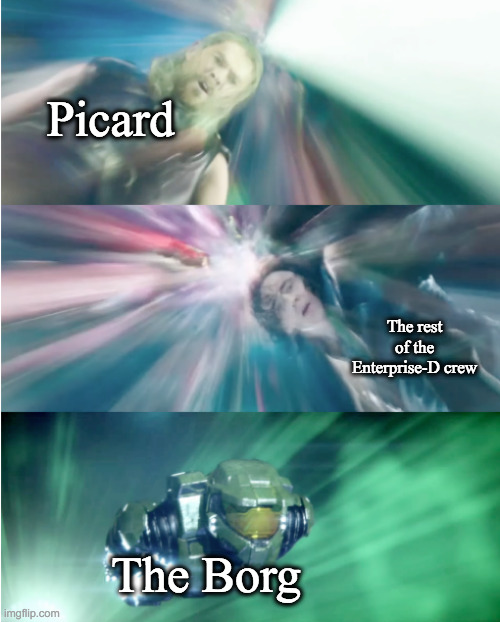 A Star Trek meme, because why not | Picard; The rest of the Enterprise-D crew; The Borg | image tagged in chief chasing thor and loki | made w/ Imgflip meme maker
