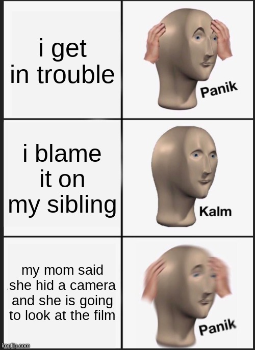 Panik Kalm Panik Meme | i get in trouble; i blame it on my sibling; my mom said she hid a camera and she is going to look at the film | image tagged in memes,panik kalm panik | made w/ Imgflip meme maker