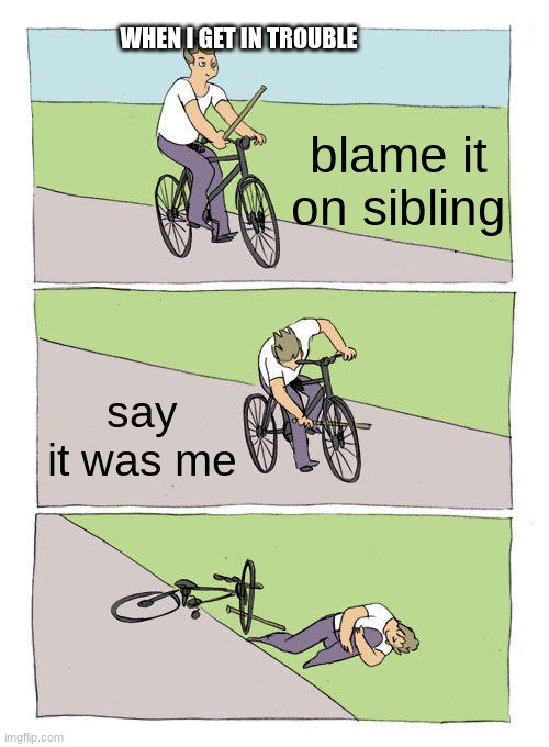 Bike Fall | WHEN I GET IN TROUBLE; blame it on sibling; say it was me | image tagged in memes,bike fall | made w/ Imgflip meme maker