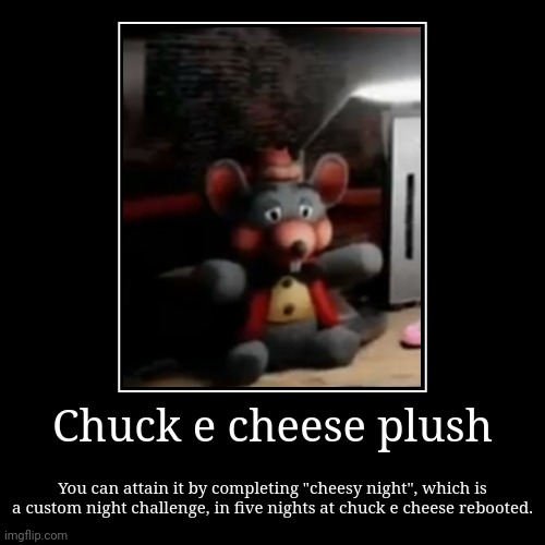 Five nights at chuck e cheese rebooted meme | Chuck e cheese plush | You can attain it by completing "cheesy night", which is a custom night challenge, in five nights at chuck e cheese r | image tagged in funny,demotivationals,chuck e cheese,plush,five nights at chuck e cheese rebooted | made w/ Imgflip demotivational maker