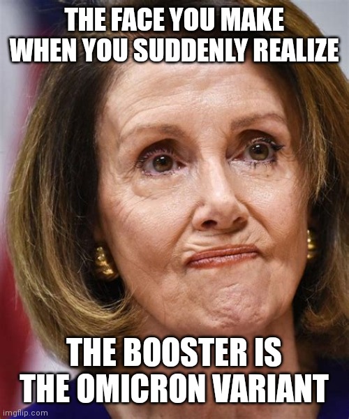 NANCY PELOSI COVID FACE U MAKE |  THE FACE YOU MAKE WHEN YOU SUDDENLY REALIZE; THE BOOSTER IS THE OMICRON VARIANT | image tagged in nancy pelosi covid face u make,nancy pelosi,covid vaccine,covid-19,coronavirus,political meme | made w/ Imgflip meme maker