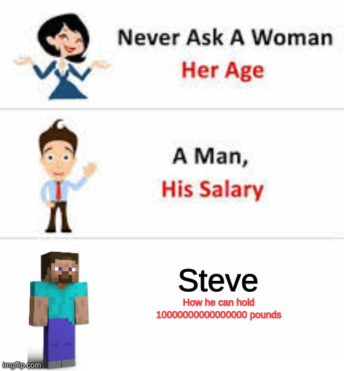 stronk boi | Steve; How he can hold 10000000000000000 pounds | image tagged in never ask a woman her age | made w/ Imgflip meme maker