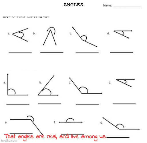 Angles Are Real | ANGLES; WHAT DO THESE ANGLES PROVE? That angles are real, and live among us | image tagged in angles | made w/ Imgflip meme maker