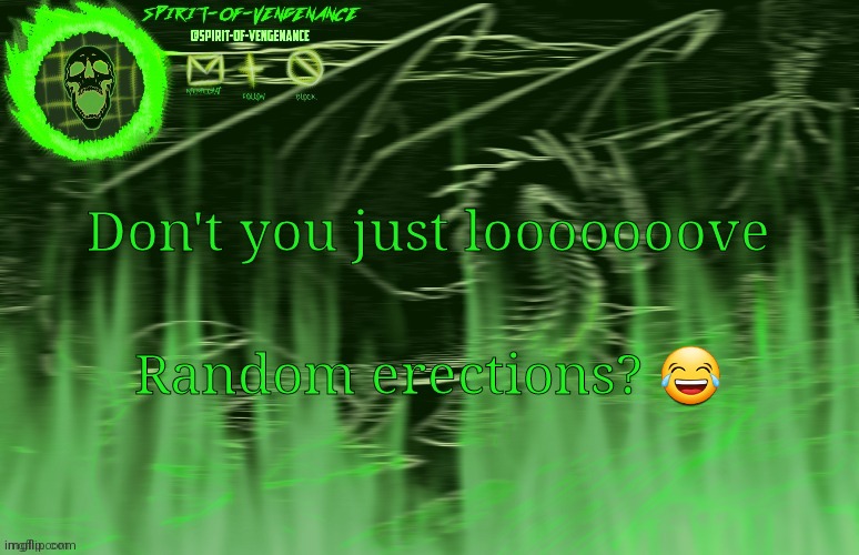 Spirit-of-Vengeance Template, Courtesy of The-Lunatic-Cultist | Don't you just looooooove; Random erections? 😂 | image tagged in spirit-of-vengeance template courtesy of the-lunatic-cultist | made w/ Imgflip meme maker