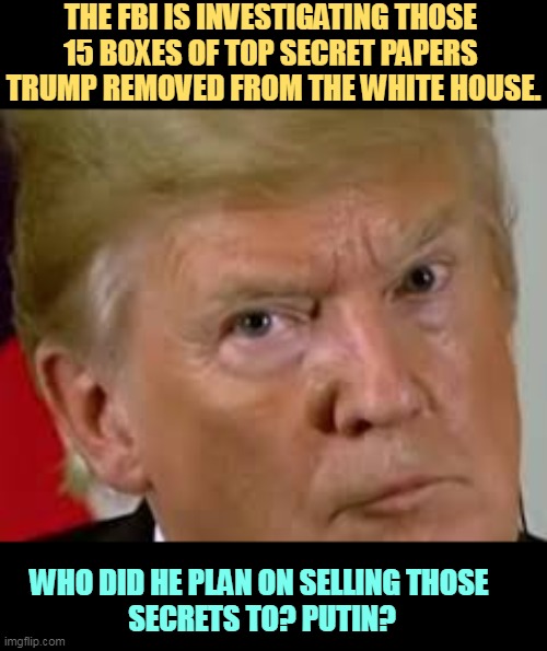 Hi, I'm Crazy Donald, and everything is for sale for the right price. | THE FBI IS INVESTIGATING THOSE 
15 BOXES OF TOP SECRET PAPERS 

TRUMP REMOVED FROM THE WHITE HOUSE. WHO DID HE PLAN ON SELLING THOSE 

SECRETS TO? PUTIN? | image tagged in trump eyes dilated,trump,traitor,thief,spy,putin | made w/ Imgflip meme maker