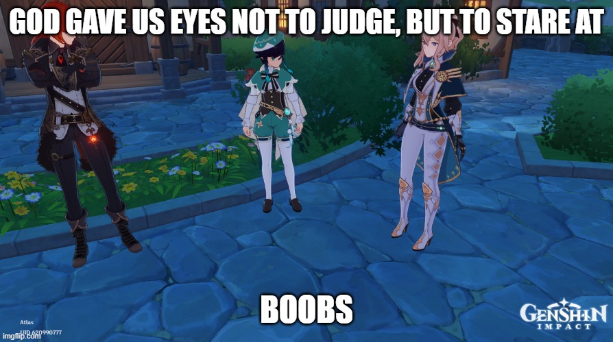 fr | GOD GAVE US EYES NOT TO JUDGE, BUT TO STARE AT; BOOBS | image tagged in genshin impact | made w/ Imgflip meme maker