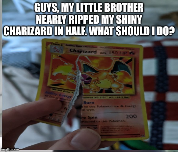 GUYS, MY LITTLE BROTHER NEARLY RIPPED MY SHINY CHARIZARD IN HALF. WHAT SHOULD I DO? | made w/ Imgflip meme maker