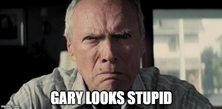 Mad Clint Eastwood | GARY LOOKS STUPID | image tagged in mad clint eastwood | made w/ Imgflip meme maker