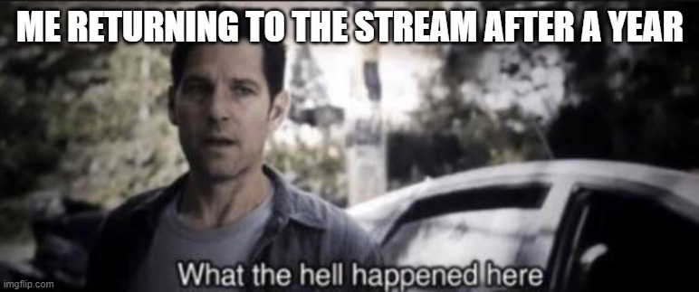 What the hell happened here | ME RETURNING TO THE STREAM AFTER A YEAR | image tagged in what the hell happened here | made w/ Imgflip meme maker