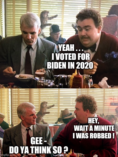 Planes, Trains & No Brains | YEAH . . .
I VOTED FOR BIDEN IN 2020; HEY,
 WAIT A MINUTE
I WAS ROBBED ! GEE -
DO YA THINK SO ? | image tagged in biden,liberals,democrats,oil,gas,inflation | made w/ Imgflip meme maker