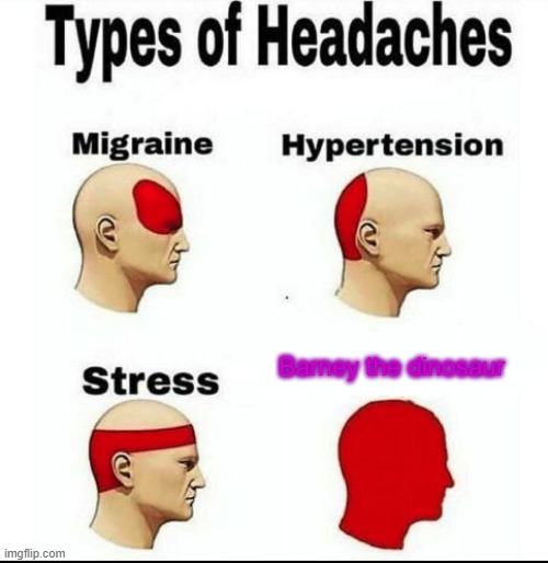 Types of Headaches meme | Barney the dinosaur | image tagged in types of headaches meme | made w/ Imgflip meme maker