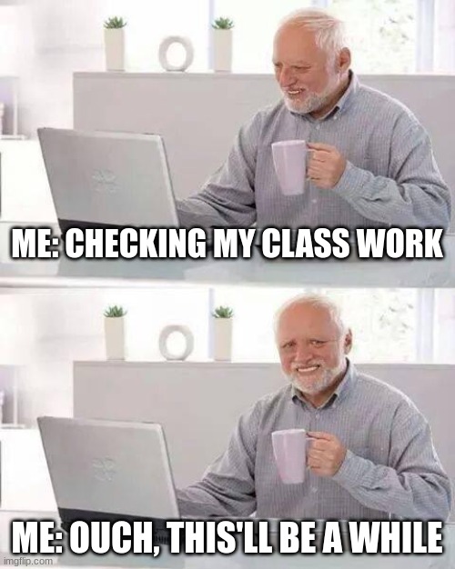 CLASSWORK TROBLES | ME: CHECKING MY CLASS WORK; ME: OUCH, THIS'LL BE A WHILE | image tagged in memes,hide the pain harold | made w/ Imgflip meme maker