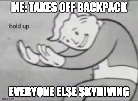 HOLD UP WAIT A MINUTE, SOMETHING AIN'T RIGHT | ME: TAKES OFF BACKPACK; EVERYONE ELSE SKYDIVING | image tagged in fallout hold up | made w/ Imgflip meme maker