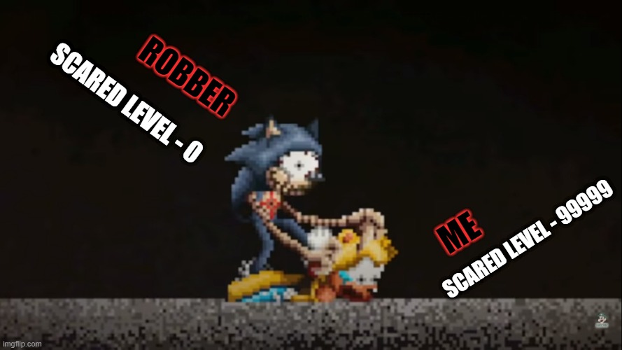 Robber Scared Level VS Me Scared Level | ROBBER; SCARED LEVEL - 0; ME; SCARED LEVEL - 99999 | image tagged in sonic eyx beware | made w/ Imgflip meme maker