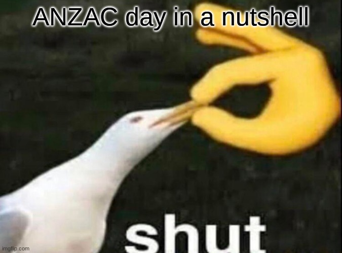 SHUT | ANZAC day in a nutshell | image tagged in shut | made w/ Imgflip meme maker