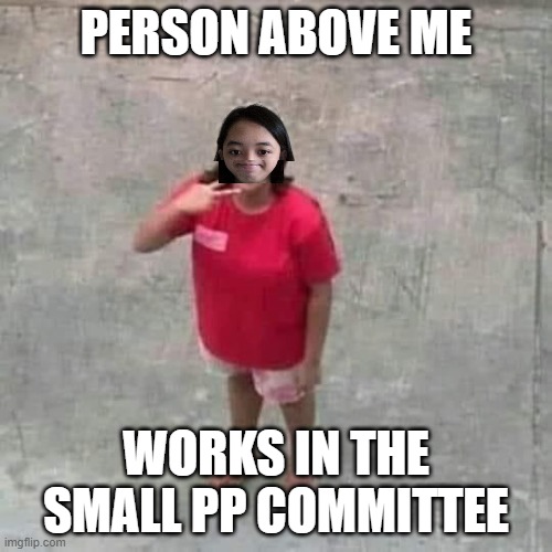 Jemy posing at camera | PERSON ABOVE ME; WORKS IN THE SMALL PP COMMITTEE | image tagged in jemy posing at camera | made w/ Imgflip meme maker