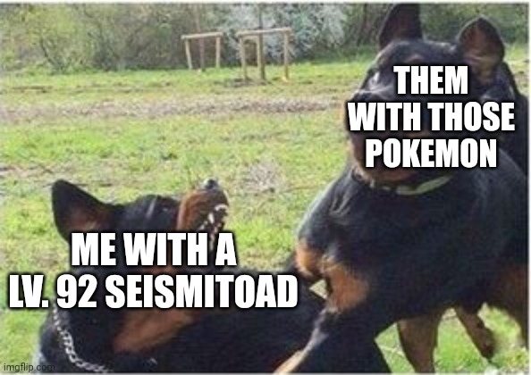 dogs fighting | THEM WITH THOSE POKEMON ME WITH A LV. 92 SEISMITOAD | image tagged in dogs fighting | made w/ Imgflip meme maker