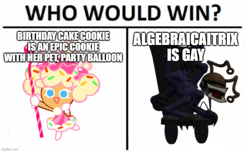 Who Would Win? Meme | BIRTHDAY CAKE COOKIE IS AN EPIC COOKIE WITH HER PET, PARTY BALLOON; ALGEBRAICAITRIX IS GAY | image tagged in memes,who would win | made w/ Imgflip meme maker