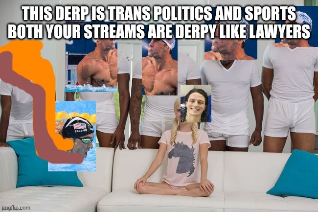 THIS DERP IS TRANS POLITICS AND SPORTS BOTH YOUR STREAMS ARE DERPY LIKE LAWYERS | made w/ Imgflip meme maker