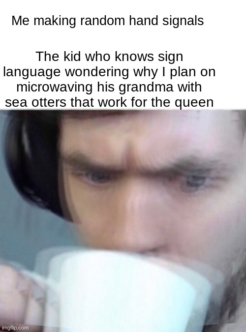 Ummmmmmm |  Me making random hand signals; The kid who knows sign language wondering why I plan on microwaving his grandma with sea otters that work for the queen | image tagged in concerned sean intensifies | made w/ Imgflip meme maker
