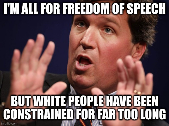 Tucker Fucker | I'M ALL FOR FREEDOM OF SPEECH; BUT WHITE PEOPLE HAVE BEEN CONSTRAINED FOR FAR TOO LONG | image tagged in tucker fucker,parody,clarity,freedumb | made w/ Imgflip meme maker