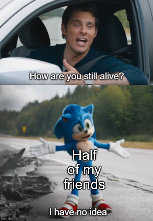 Sonic : How are you still alive | Half of my friends | image tagged in sonic how are you still alive | made w/ Imgflip meme maker