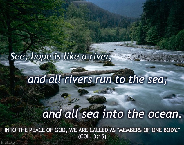hope is a river come flow | See, hope is like a river, and all rivers run to the sea, and all sea into the ocean. INTO THE PEACE OF GOD, WE ARE CALLED AS "MEMBERS OF ONE BODY."
(COL. 3:15) | image tagged in river | made w/ Imgflip meme maker